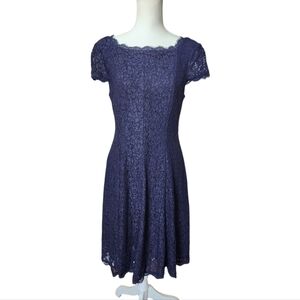 Adrianna Papell Cap Sleeve Full Lace Flared Cocktail Dress Navy Blue, Size 10